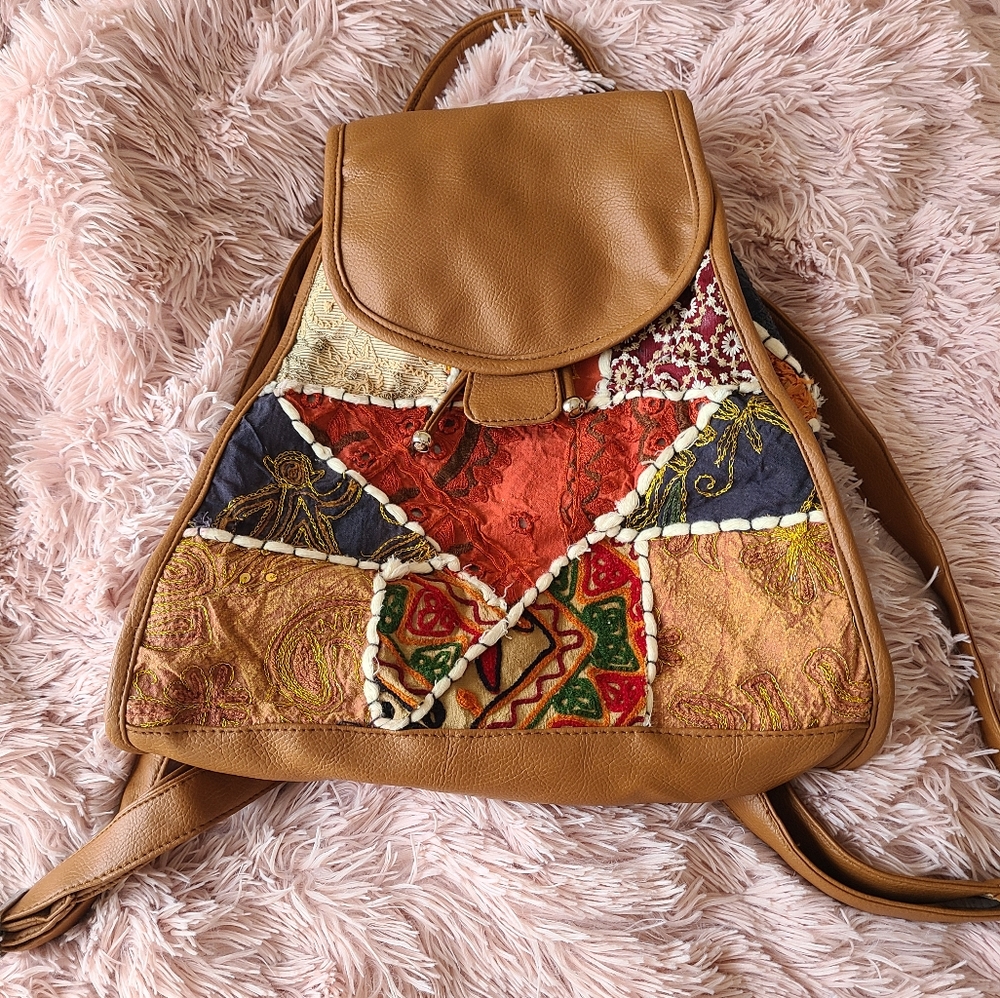 Boho quilt style faux leather adjustable backpack